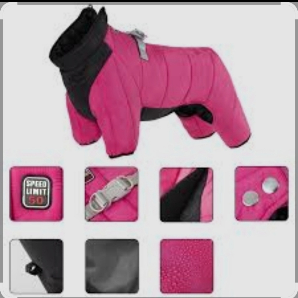NWT Pink Puffy  Dog Snowsuit with Reflective Patches, leg snaps, & Handle/Ring